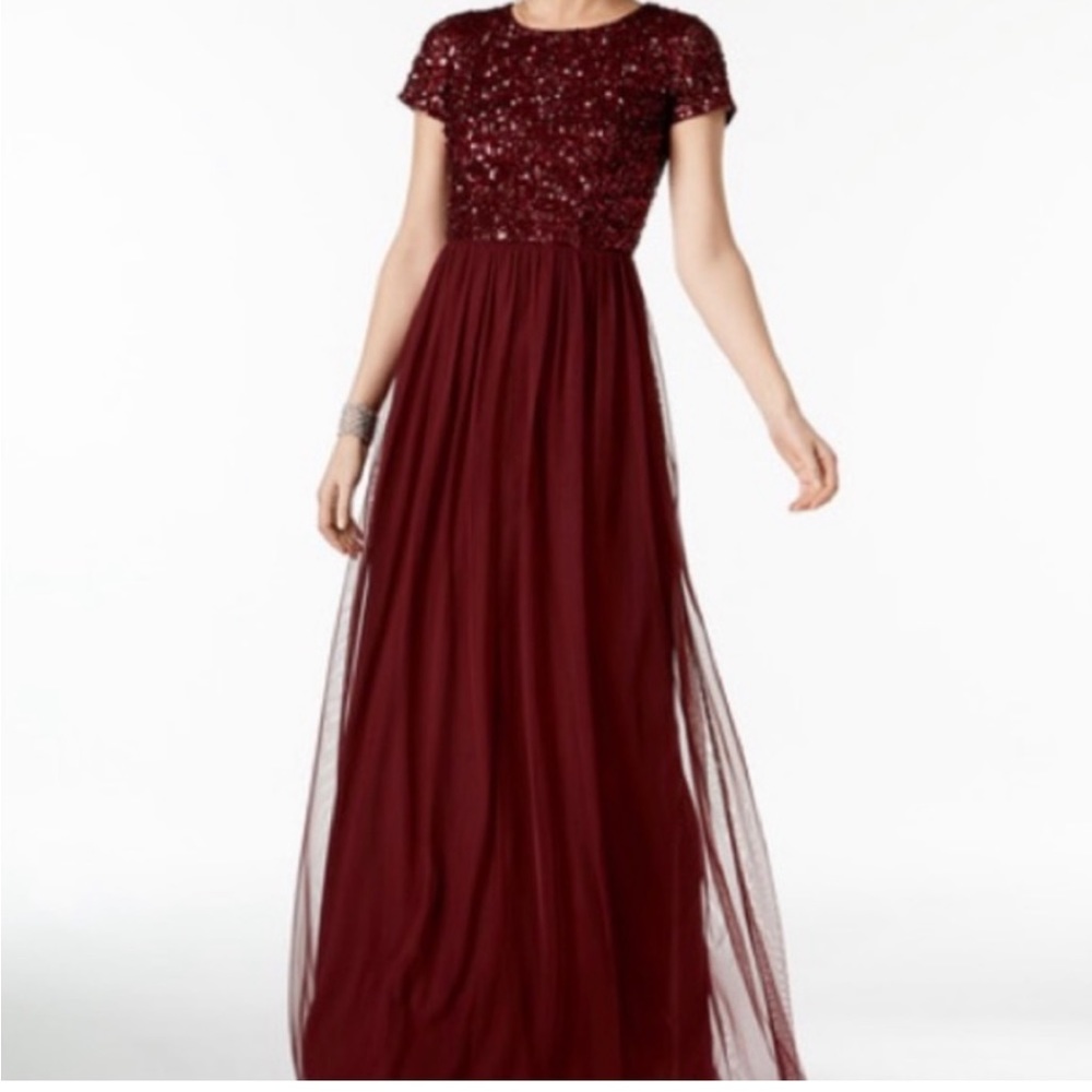 Adrianna Papel gown burgundy maroon tulle & sequins size 14